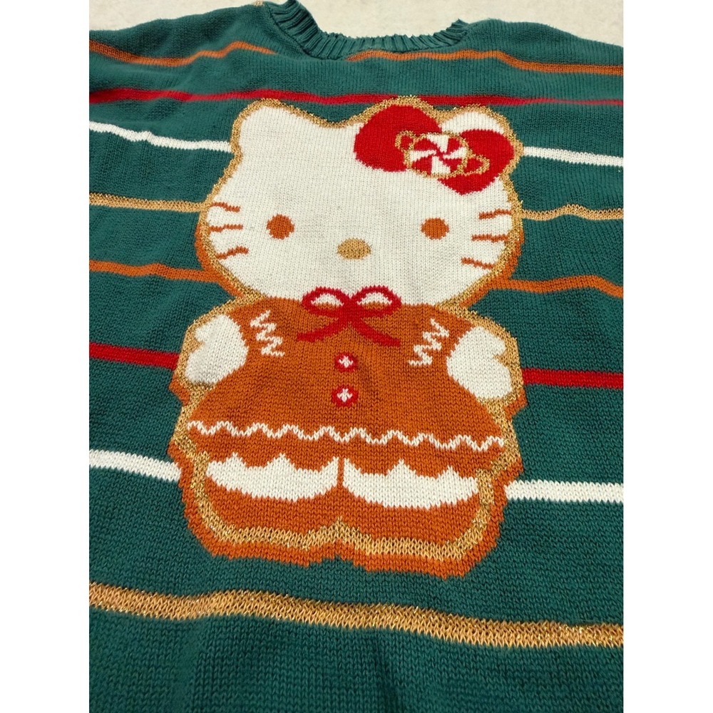 Hello Kitty Sanrio Gingerbread Holiday Sweater Green Striped Metallic Womens S - Picture 4 of 6